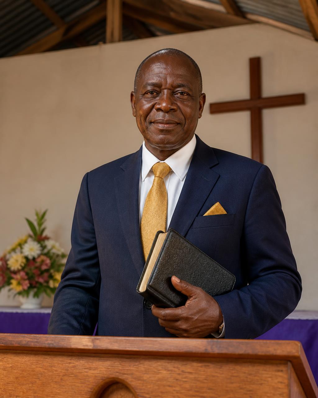 The lead pastor of Mount Sinai Assembly standing in the church sanctuary